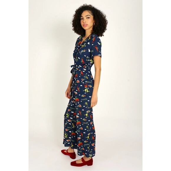 HVN Short Sleeve Gia Jumpsuit Navy Retro Cowboy Rodeo Print Size 6 Gently Used - Picture 3 of 12